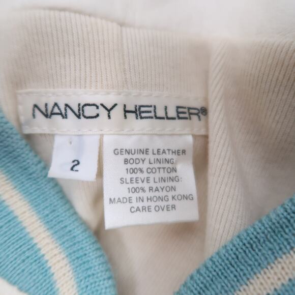 Vintage 90s Nancy Heller Cream and Turquoise Leather Bomber Jacket 2 - Picture 5 of 7